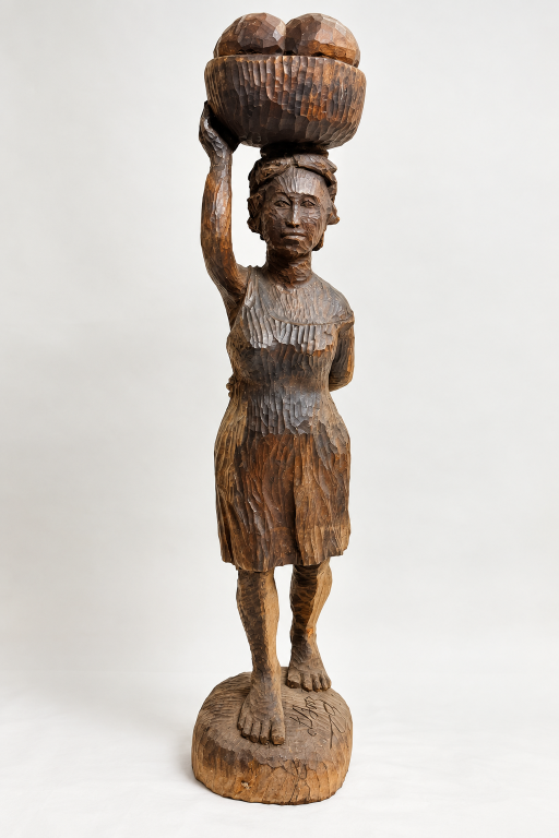 Ludovic Booz La Marchande Haitian Wood Sculpture 34" Signed Market Woman