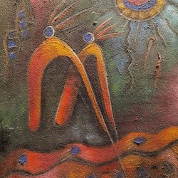 Symbolic abstract painting by Denise Mangones, modern Haitian art featuring totemic figures and spiritual motifs.