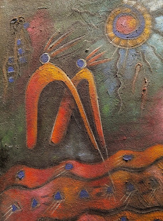 Symbolic abstract painting by Denise Mangones, modern Haitian art featuring totemic figures and spiritual motifs.