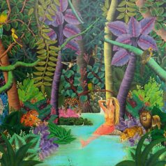 Enter the magical world of A.G. Calixte (Alix George Calixtes, b. 1943, Haiti)—a painter celebrated for his richly detailed tropical dreamscapes that blend Caribbean folklore with African mysticism