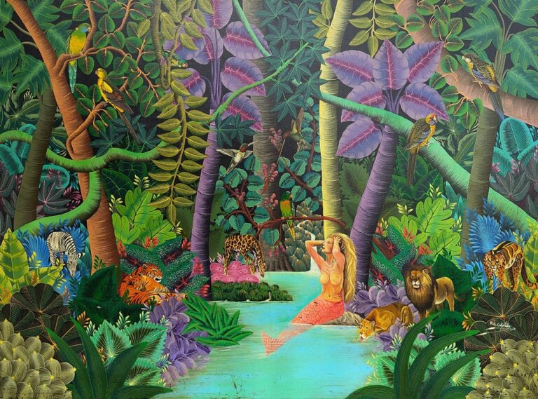Enter the magical world of A.G. Calixte (Alix George Calixtes, b. 1943, Haiti)—a painter celebrated for his richly detailed tropical dreamscapes that blend Caribbean folklore with African mysticism