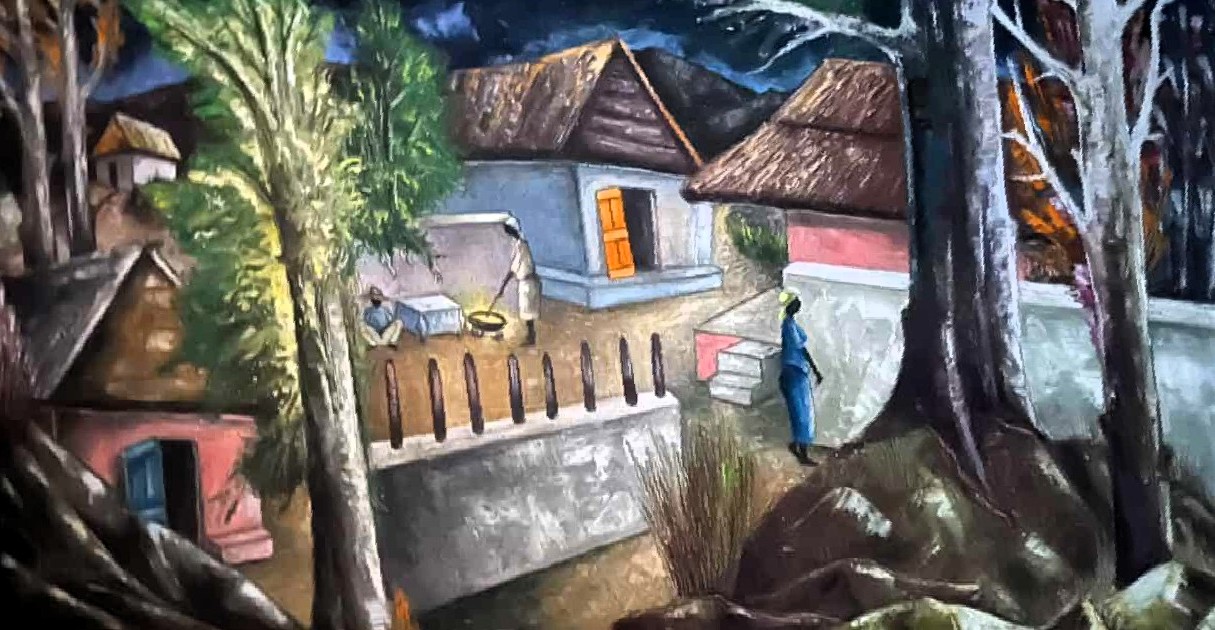 Jacques Enguerrand Gourgue Subject: Village Size: 36" X 15" Oil on Hardboard (Masonite) Excellent Physical Condition