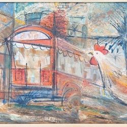 This work is an original art painting by Haitian artist Sanbone from the 80's collection, depicting Haitian life with a Taptap. The large framed painting, measuring 19 inches in height and 50 inches in width, is a handmade oil painting featuring the Caribbean style and Haitian culture