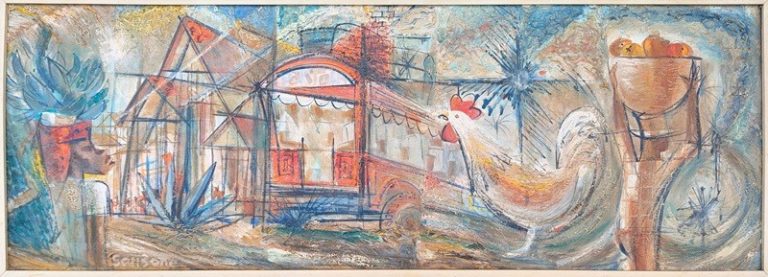 This work is an original art painting by Haitian artist Sanbone from the 80's collection, depicting Haitian life with a Taptap. The large framed painting, measuring 19 inches in height and 50 inches in width, is a handmade oil painting featuring the Caribbean style and Haitian culture