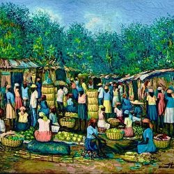 Vintage 1970s Haitian market painting by Ernst Louizor. Original oil on canvas, 24 x 20 inches, signed. Available from Haitianmasters.