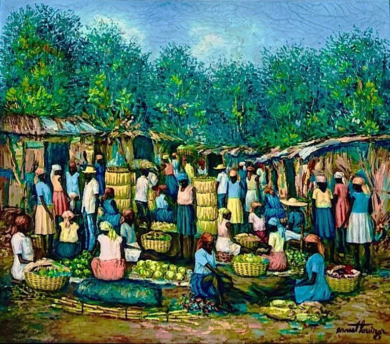 Vintage 1970s Haitian market painting by Ernst Louizor. Original oil on canvas, 24 x 20 inches, signed. Available from Haitianmasters.