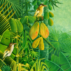 Albott Bonhomme is a contemporary Haitian painter known for his vibrant depictions of tropical landscapes, wildlife, and lush natural environments. Working primarily in acrylic on canvas, Bonhomme’s art celebrates the richness of Caribbean flora and fauna through carefully layered compositions, saturated color, and a strong sense of balance.