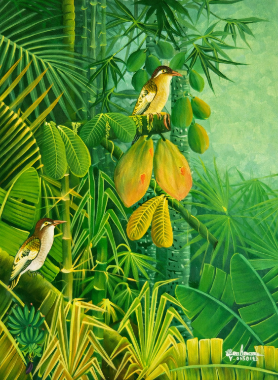 Albott Bonhomme is a contemporary Haitian painter known for his vibrant depictions of tropical landscapes, wildlife, and lush natural environments. Working primarily in acrylic on canvas, Bonhomme’s art celebrates the richness of Caribbean flora and fauna through carefully layered compositions, saturated color, and a strong sense of balance.