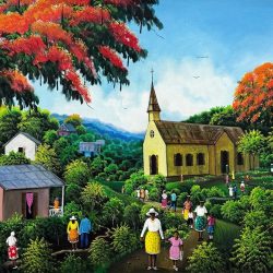 Sunday at the Village Church Large Haitian Folk Art Painting, 2008 Simeon Michel