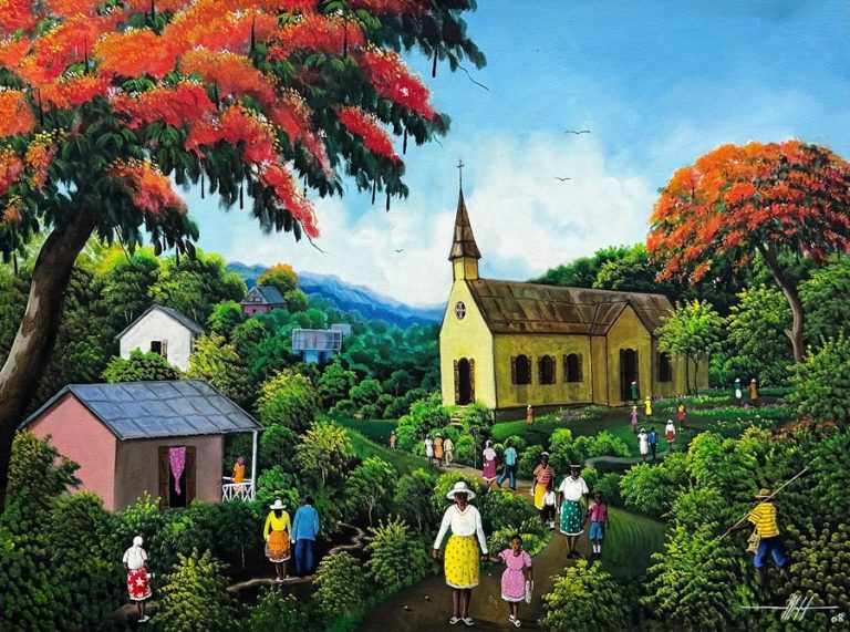 Sunday at the Village Church Large Haitian Folk Art Painting, 2008 Simeon Michel