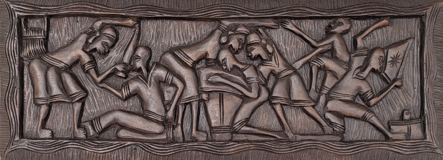 This authentic Haitian wood carving captures a powerful Vodou ceremonial scene, where figures move in unison through ritual, rhythm, and spiritual devotion. The composition reflects the deep connection between community, ancestors, and sacred traditions that define Haitian Vodou culture.