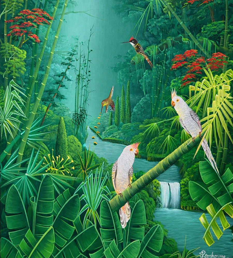 Albott Bonhomme Tropical Forest with Birds Acrylic on Canvas | 24 × 20 in