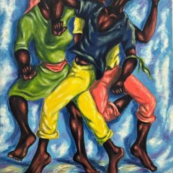 Artist: Edouard Wah (Haitian, 1938–2003) Title: Dancers (unofficial title) Date: 1960 Medium: Oil on canvas Signature: Lower right Dimensions: 30 x 19 inches Condition: Very good vintage condition consistent with age