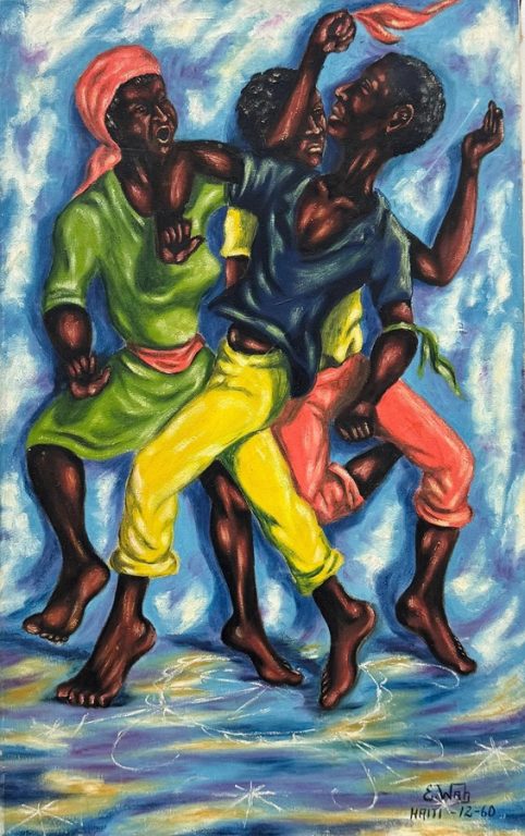 Artist: Edouard Wah (Haitian, 1938–2003) Title: Dancers (unofficial title) Date: 1960 Medium: Oil on canvas Signature: Lower right Dimensions: 30 x 19 inches Condition: Very good vintage condition consistent with age